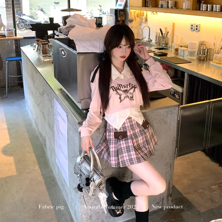 粉糖校章 织物猪原创 学院风粉色印花卫衣外套白色衬衫女格子短裙