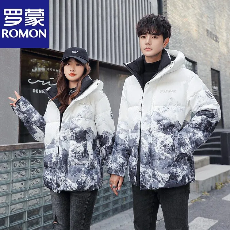 Romon/罗蒙冬季连帽情侣款羽服男女同款时尚潮流雪山渐变绒丝 