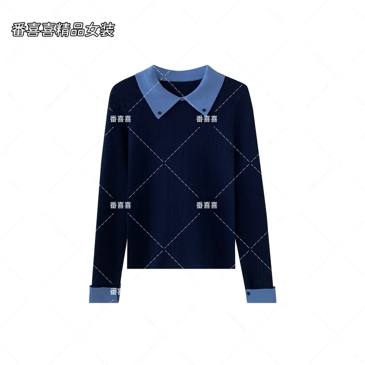 常规款针织羊毛针织毛复古长袖针织衫女装假两件打底拼接翻领