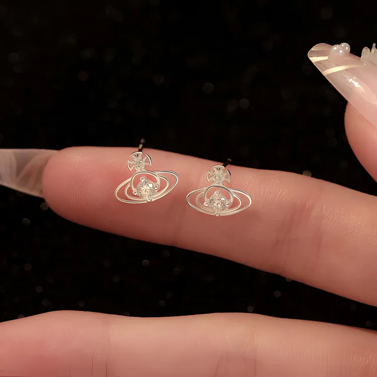 足银耳饰 S999纯银西太后土星造型足银新款个性锆石小众设计耳钉