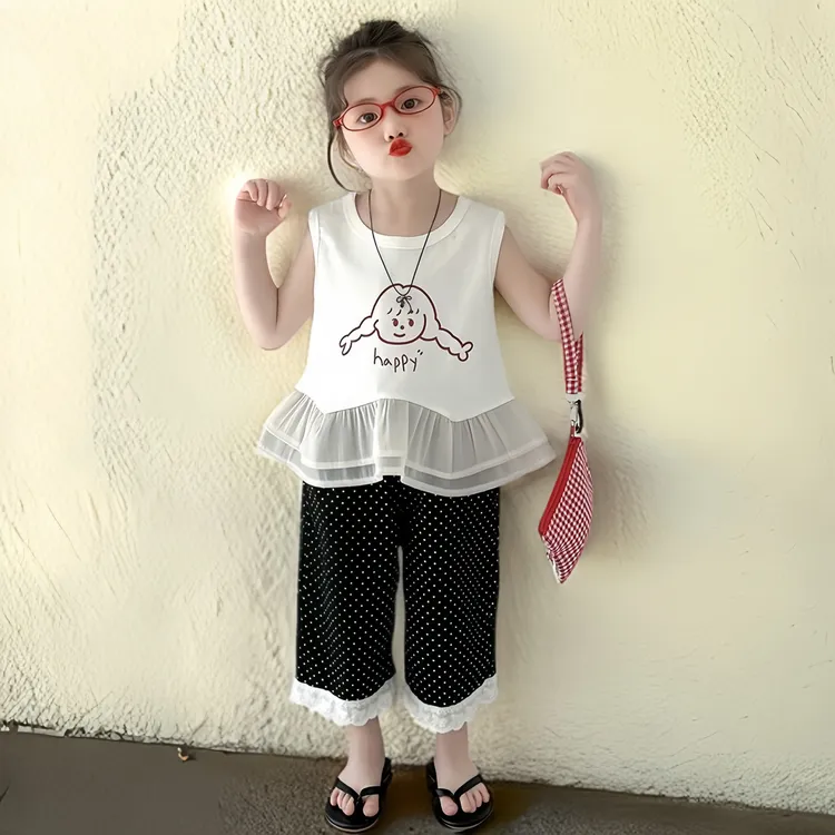 女童卡通夏季套装儿童女孩简约印花韩系无袖宽松休闲透气潮流时尚