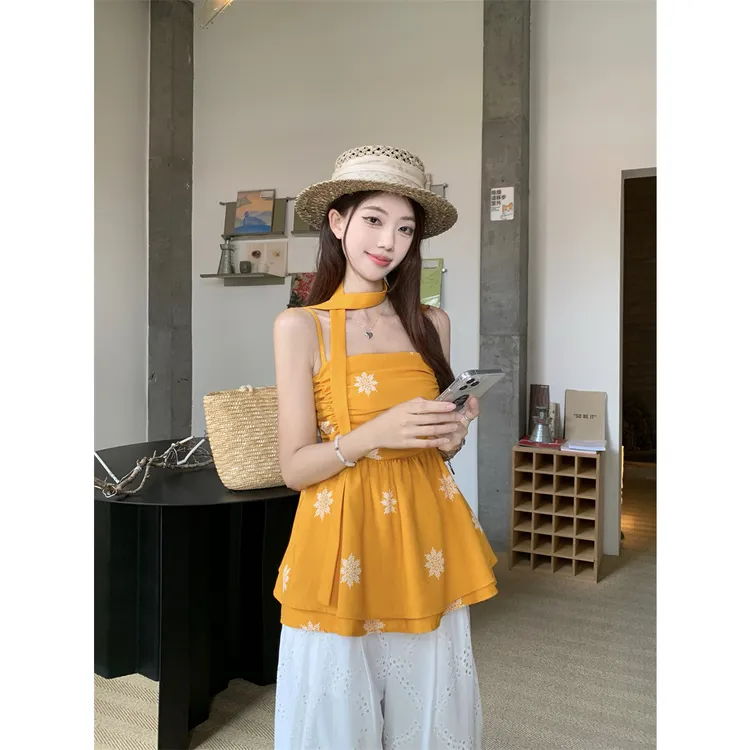 爱豆+ 《现货现发》网红款纯欲风黄色复古花朵飘带无袖吊带女夏季