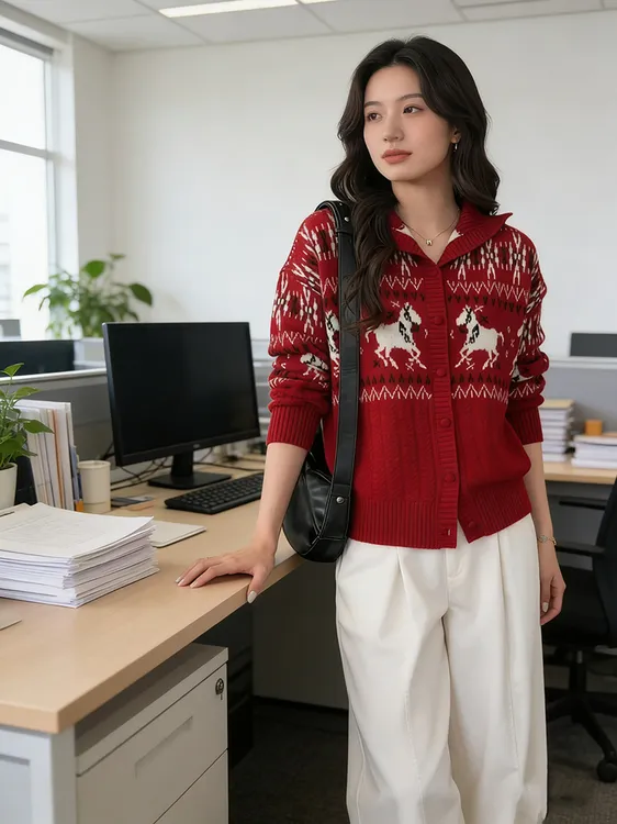 100%纯羊毛女士小马休闲女羊毛衫慵懒风软糯半高领提花绵羊毛毛衣