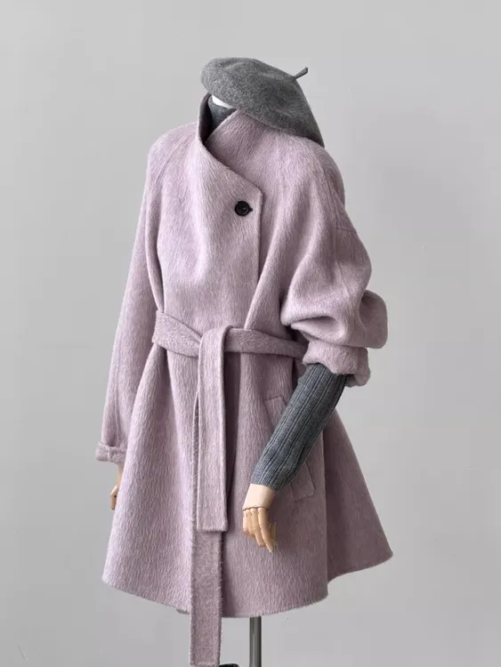 年终狂欢季2025法式小香风粉色短款呢子大衣女秋冬季高级感绑带收