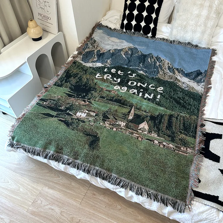 太阳下山 阿尔卑斯山风景装饰挂毯露营毯沙发毯休闲毯编织北欧风