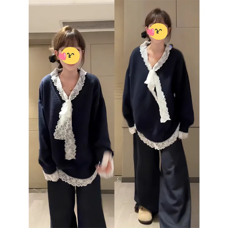 韩系灰色蕾丝假两件毛衣外套女秋冬设计感小众叠穿宽松软糯针织衫