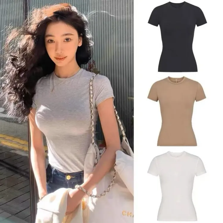 skims香秀同款基础款易梦玲卡戴珊同款圆领弹力紧身正肩t恤女短袖