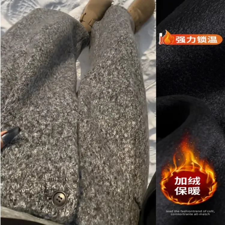 欧货高级感雪花毛呢休闲阔腿裤女秋冬加绒加厚高腰显瘦九分奶奶裤