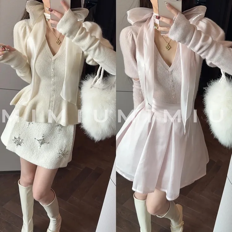 【mimius】P 26早春玛丽猫泡泡袖V领针织衫+飘带袖套 汉服 WG12078