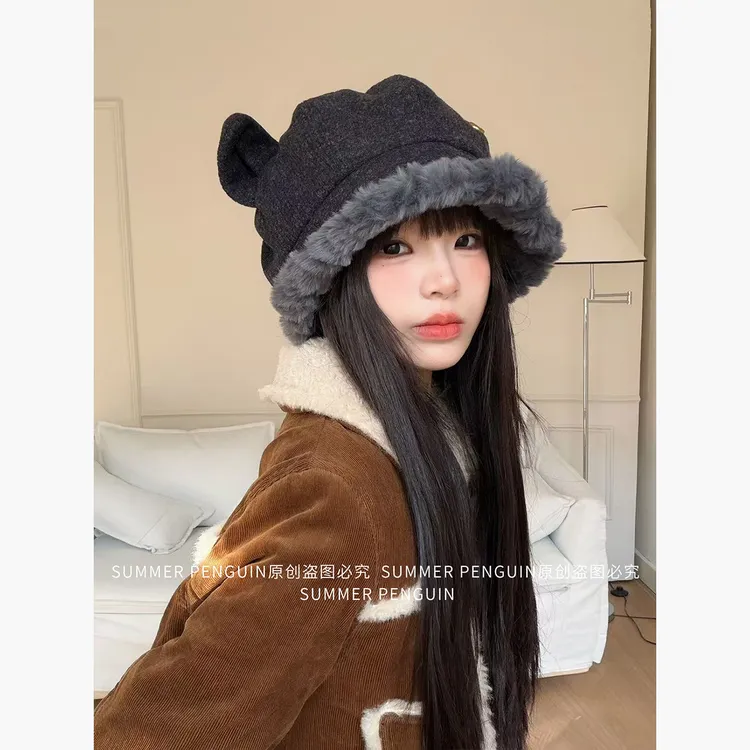 SUMMER PENGUIN日系复古猫耳朵毛绒渔夫帽女冬包头帽显脸小毛绒帽