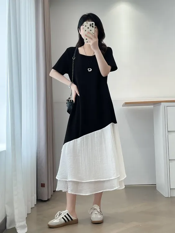 大码连衣裙拼接斜摆尾夏季甜美风长裙