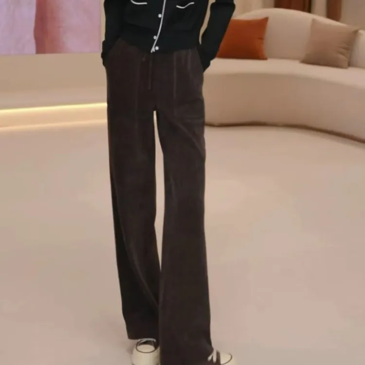 阿玛施AMASS新款休闲百搭加厚质感休闲裤雪尼尔直筒长裤女5100386