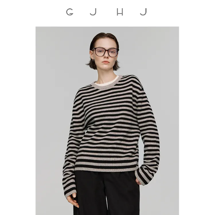 gjhj格雷系条纹毛衣 18支细羊毛 罗纹圆领宽松撞色休闲百搭针织衫