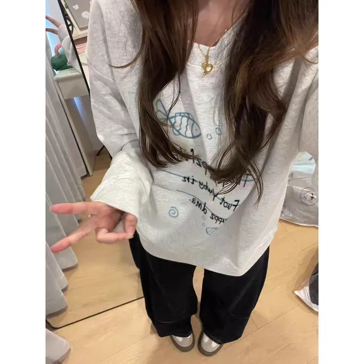 YWBY秋冬款加绒保暖宽松上衣简约印花韩版慵懒时尚女装圆领卫衣