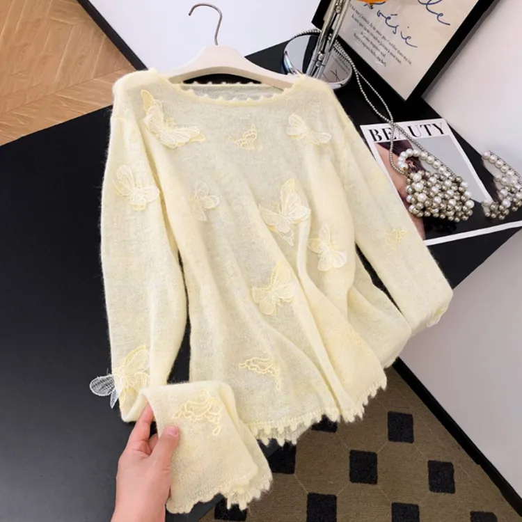 早秋韩系穿搭立体蝴蝶针织衫女2025年秋季新款宽松慵懒风毛衣上衣