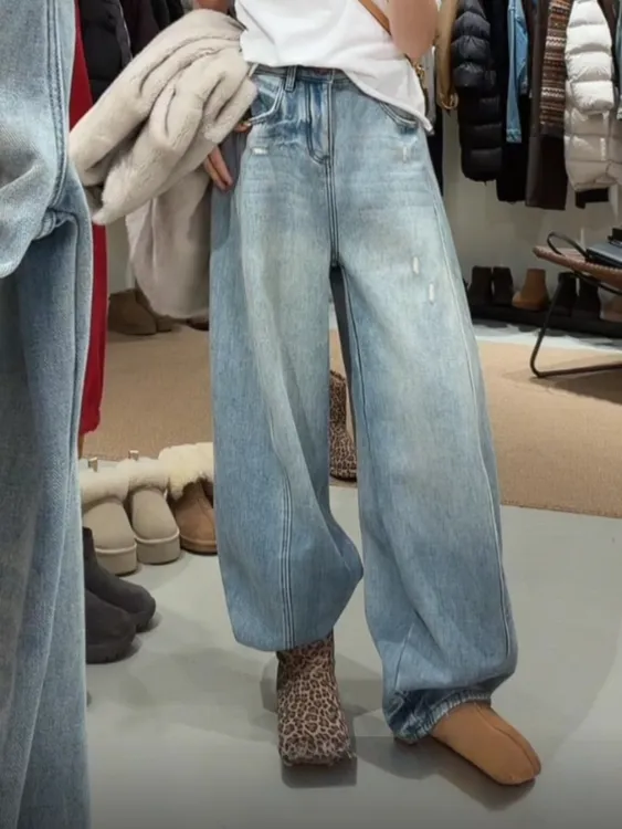 《蓝月光》冬季加绒厚高品质订制款牛仔裤长裤宽松百搭裤子水洗阔腿