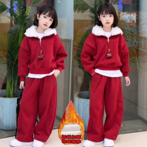 女童秋冬款加绒加厚红色新年服卫衣套装中大童洋气毛领儿童冬装潮