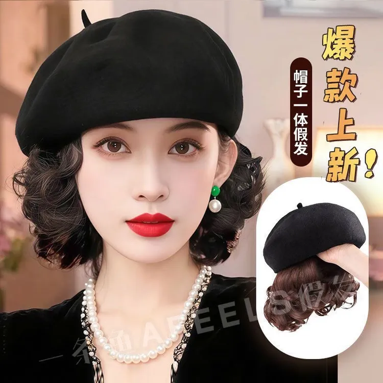 帽子假发女短卷发全头套时尚洋气秋冬贝雷帽假发一体式妈妈款头套