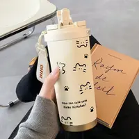 线条猫咪水杯大容量保温杯吸管喝水运动车载便携男女学生上学杯子