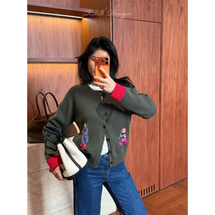 RRB Design 宽松显瘦圆领单排扣趣味卡通图案长袖针织开衫外套