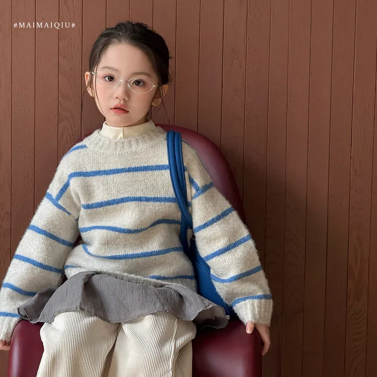「麦麦秋」【日光烘焙】百花绒女中大童冬季保暖条纹圆领毛衣GD2466
