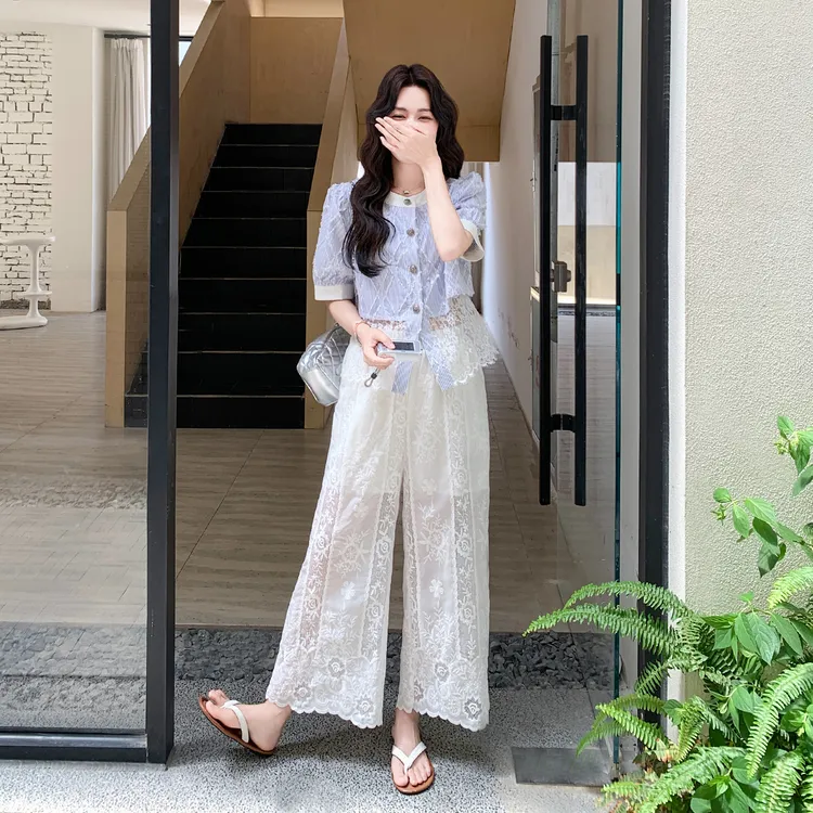 夏季穿搭大方得体气质套装裤女2025新款镂空蕾丝上衣阔腿裤两件套