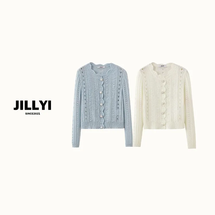 jillyi【海盐奶冻】蓝白两色圆领少女气质珍珠开衫舒适透气百搭