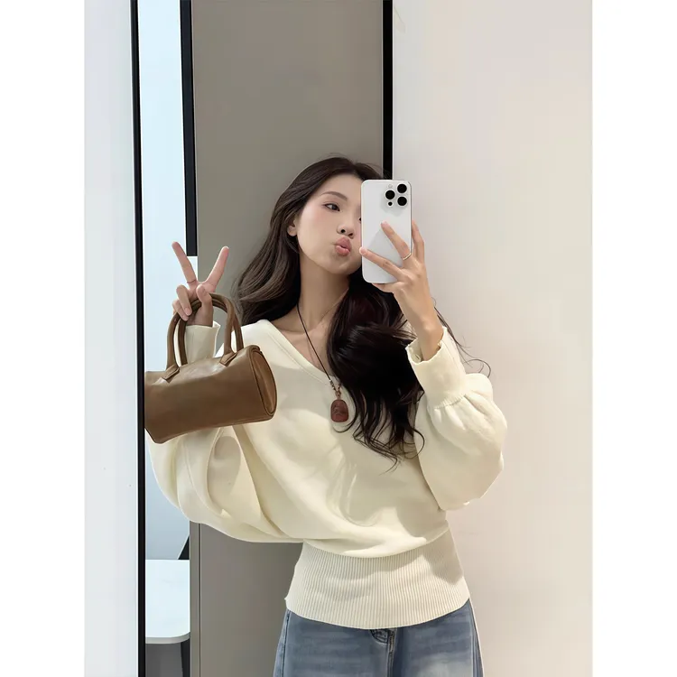 韩系慵懒风蝙蝠袖绑带V领针织衫女秋季新款收腰显瘦纯色百搭上衣