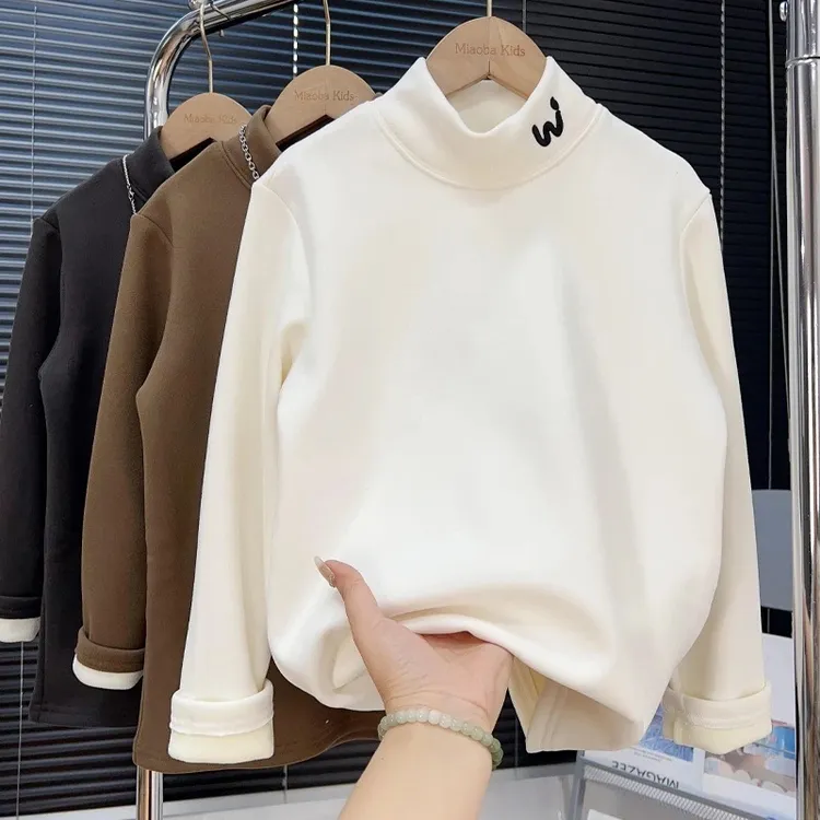 儿童加绒加厚保暖打底上衣男女童2025冬季新款中大童半高领打底衫