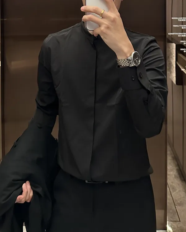 长袖衬衫商务休闲立领纯色不褪色衬衫黑色男士时尚痞帅百搭2356