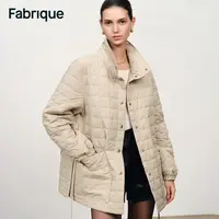 Fabrique Dona 秋冬新品米色方格绗缝鸭绒立领配腰带轻薄羽绒服