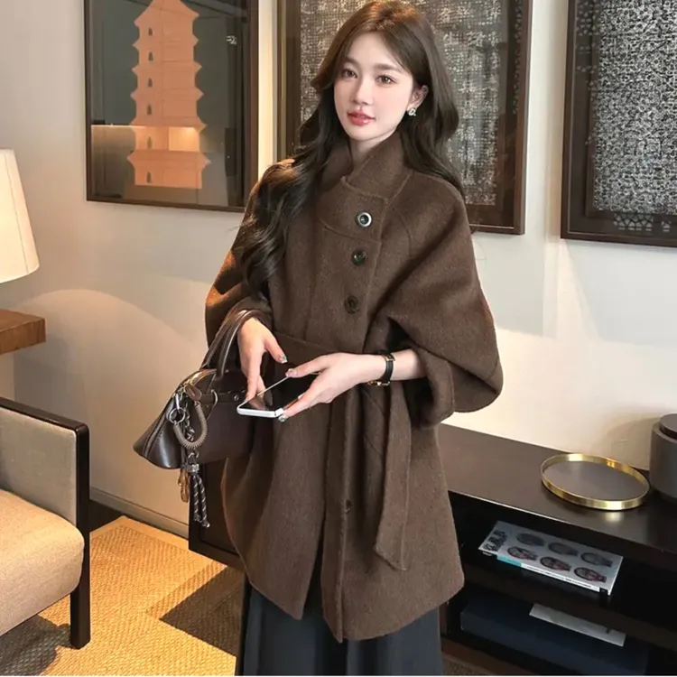 美拉德棕色双面绒毛呢大衣女冬季加厚韩系立领小个子短款外套气质