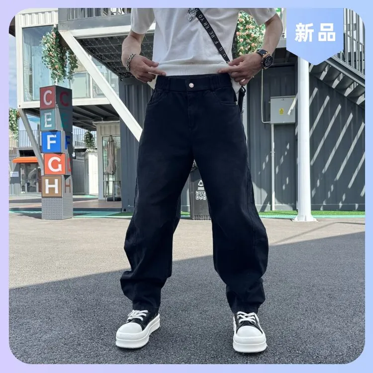 纽扣秋季休闲裤水洗长裤流行牛仔裤松紧腰直筒裤男士百搭2025时尚