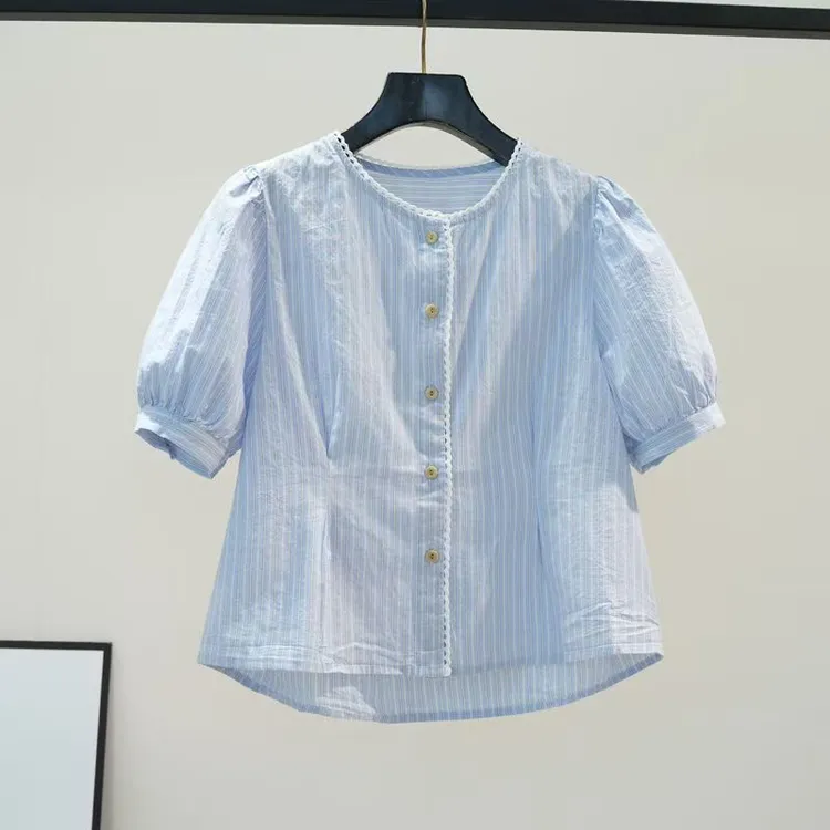 浅蓝色竖条纹棉衬衫女短款收腰衬衣2025夏季复古时尚泡泡袖上衣潮