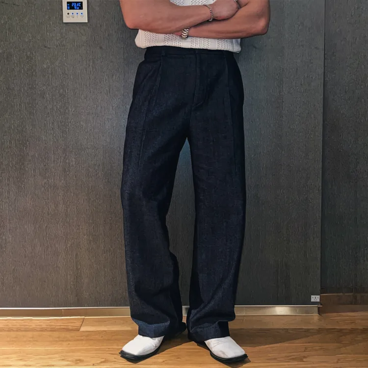 韩版东大单褶皱直筒休闲裤男士春秋韩系新款阔腿裤高腰拖地长裤子