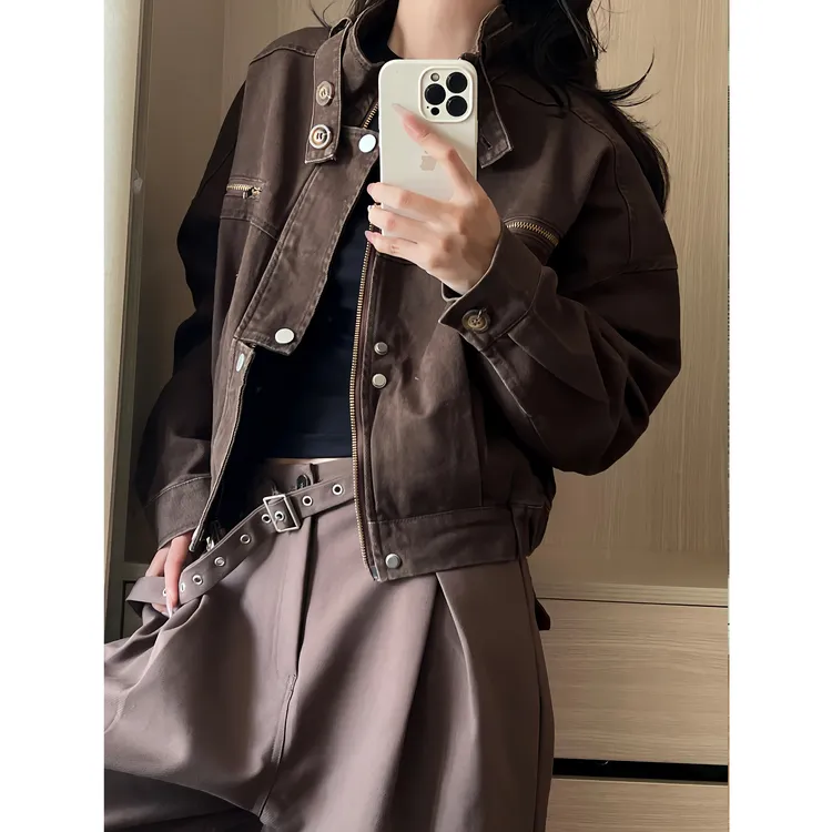 ESEWRD复古巴恩风解构设计感机车短款外套女宽松休闲辣妹工装夹克