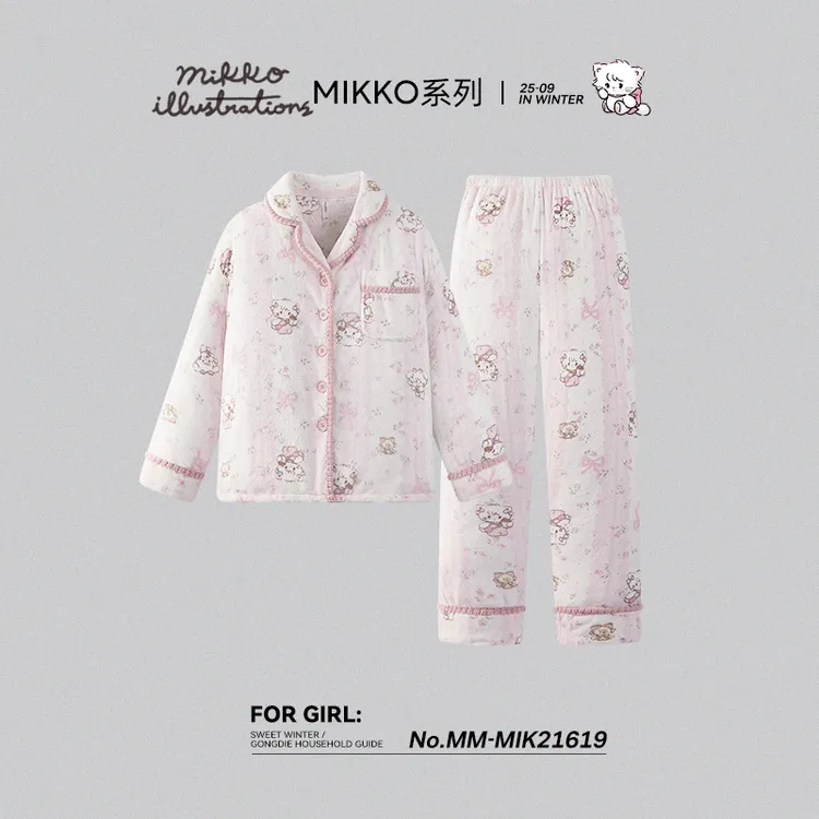 宫蝶【蓄热型】mikko睡衣女秋冬加厚法兰绒套装外穿珊瑚绒家居服