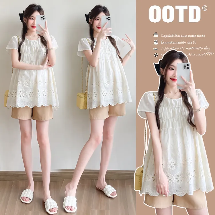 新款孕妇夏宽松显瘦镂空刺绣时尚百搭甜美潮妈上衣＋托腹短裤套装