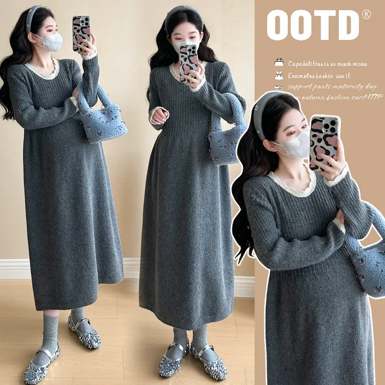 孕妇裙优质加厚新款毛衣针织孕妈连衣裙花边拼接宽松打底裙