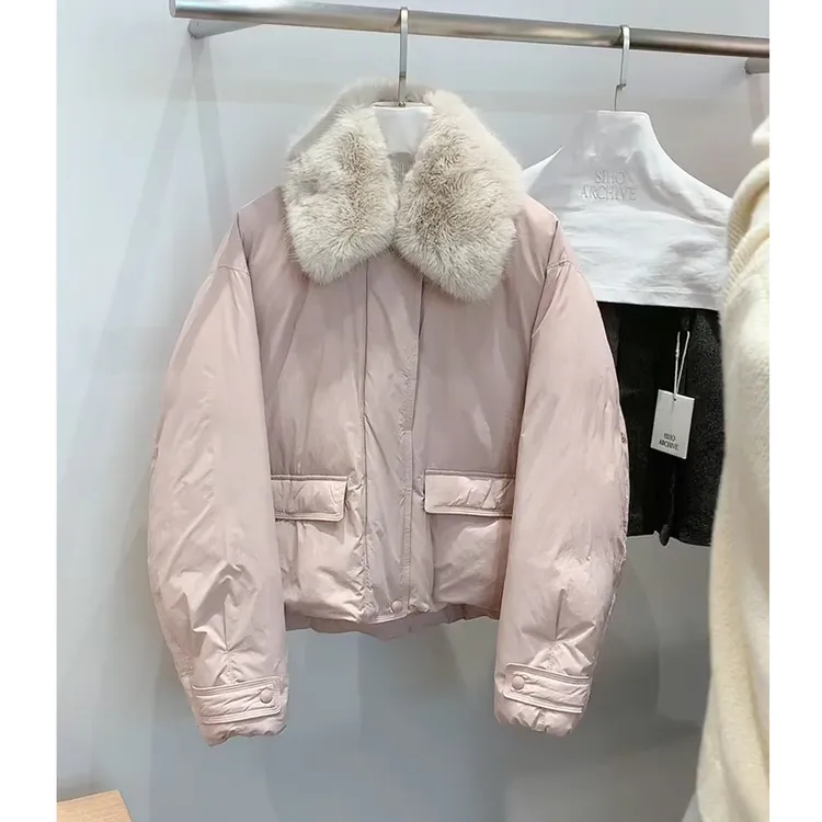粉色大毛领工装羽绒服女2025冬季新款小个子短款90白鸭绒保暖外套