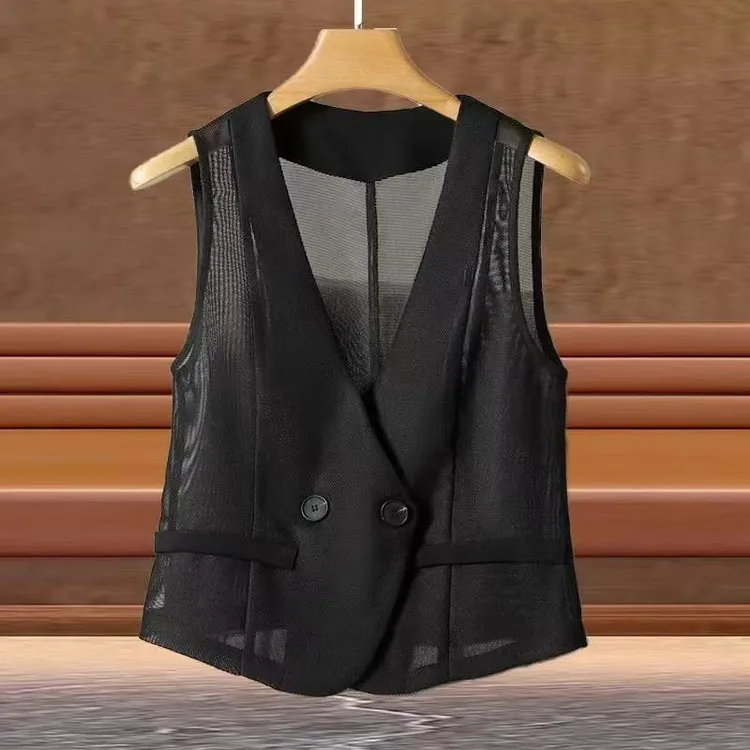 V领网纱短款马甲女夏季2025新款修身显瘦职场设计感透气马夹外穿