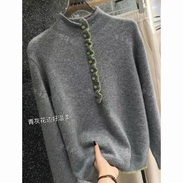 青灰花边」！浣熊加厚冬季小高领宽松针织毛衣女显白洋气