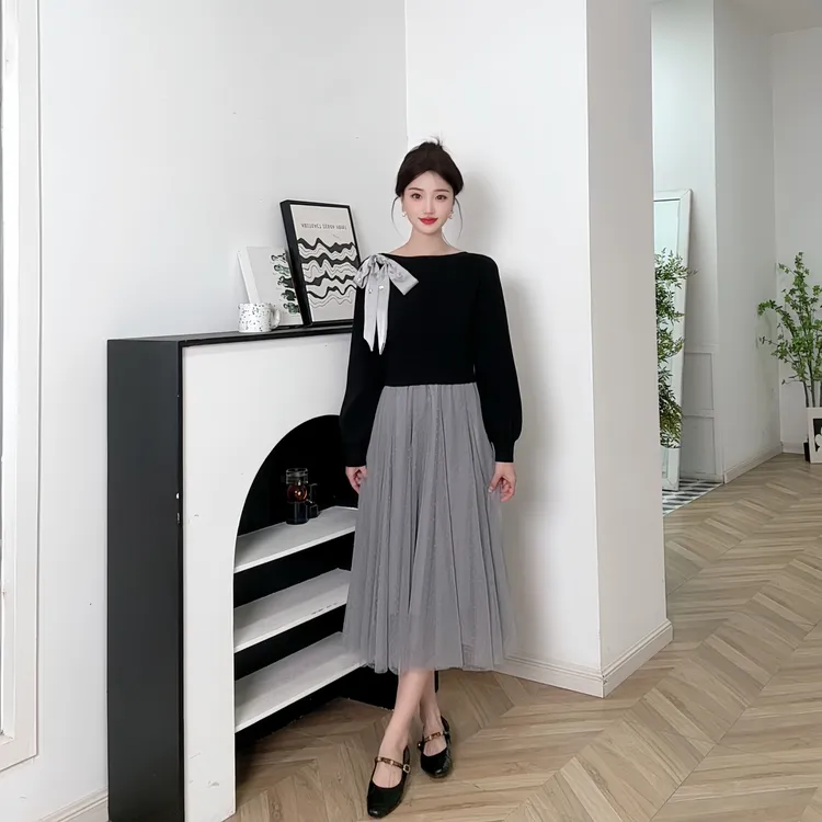 爱依服秋季套头款中长裙仙女风连衣裙波点瑞丽风A字裙圆领