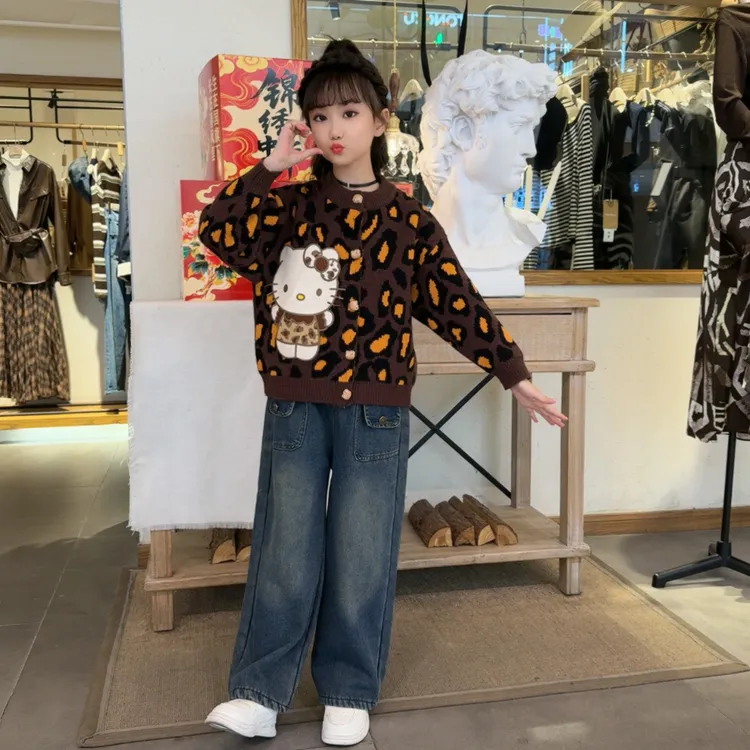 2025新款豹纹猫咪毛衣女童中大童潮流毛衣套装