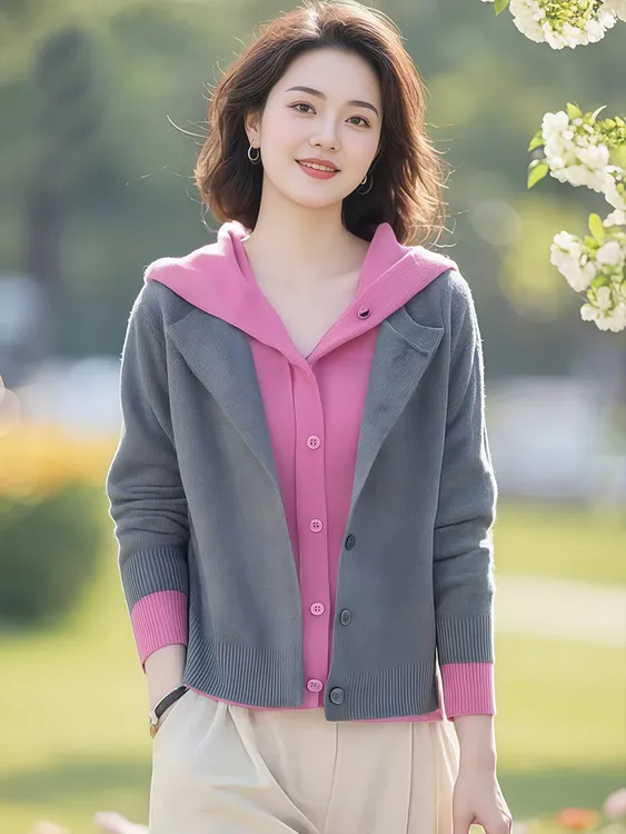 慵懒风设计感撞色假两件针织开衫女秋季2025新款洋气百搭小衫毛衣