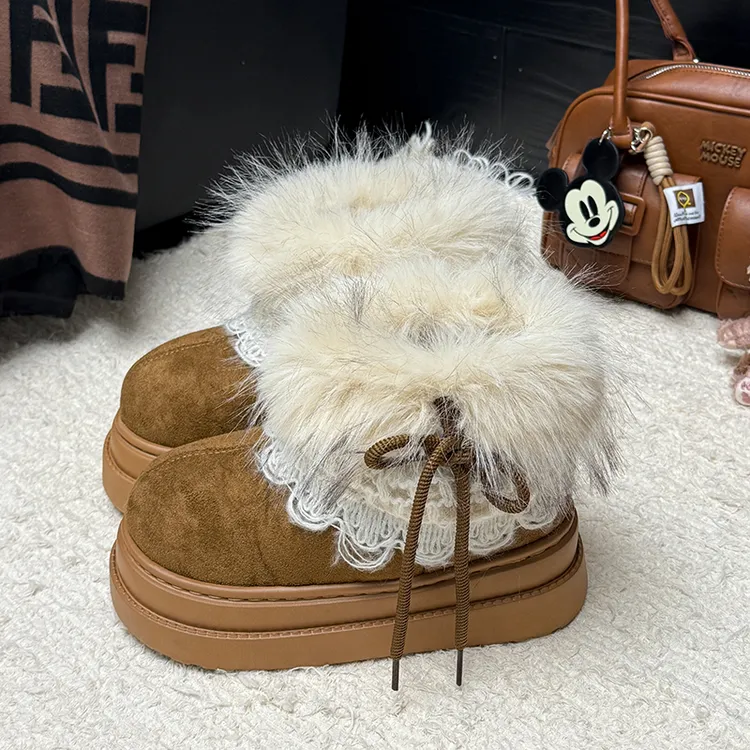 启布熊费尔岛毛毛雪地靴女冬季百搭增高厚底加绒保暖短靴子棉鞋