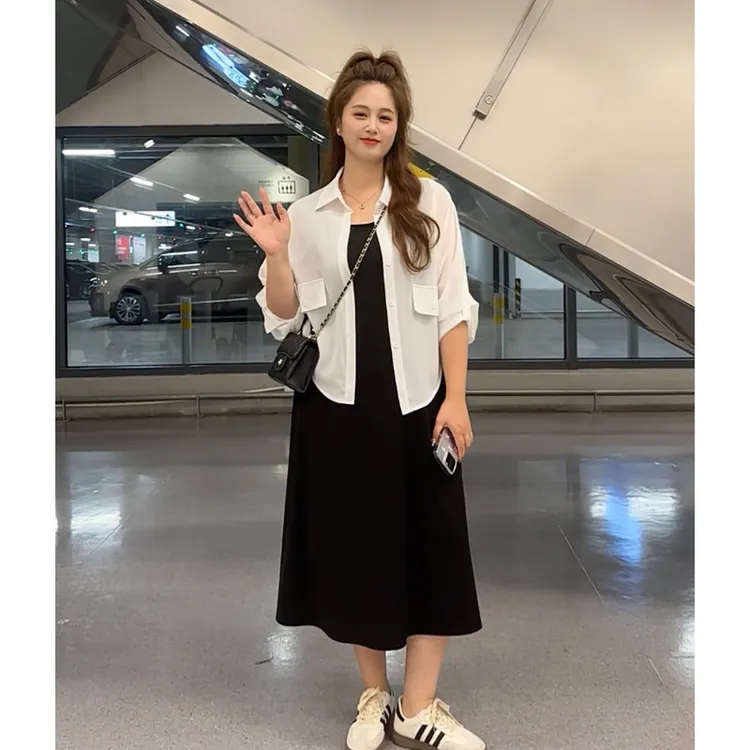映晴衬衫外套夏大码女2025显瘦蝙蝠长袖中长款背心裙两件套装1
