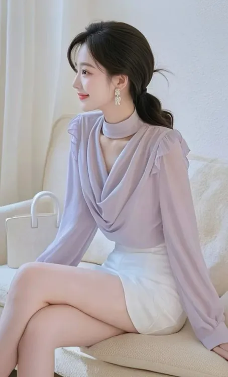 SS1328爆款御姐风情万种的漂亮高级感紫色荡领小飞袖衬衫女夏新款