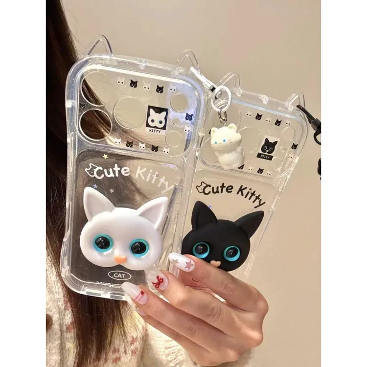 Q版可爱猫耳闪粉黑白小猫适用于iphone17promax苹果16pro手机壳15