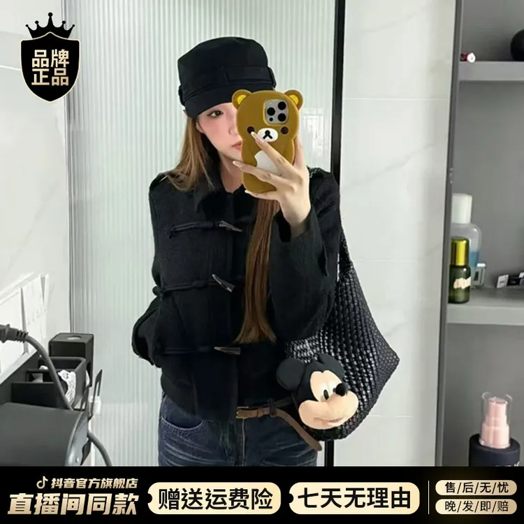 韩系小香风黑色牛角扣外套女装冬季2025新款设计感翻领夹克短上衣